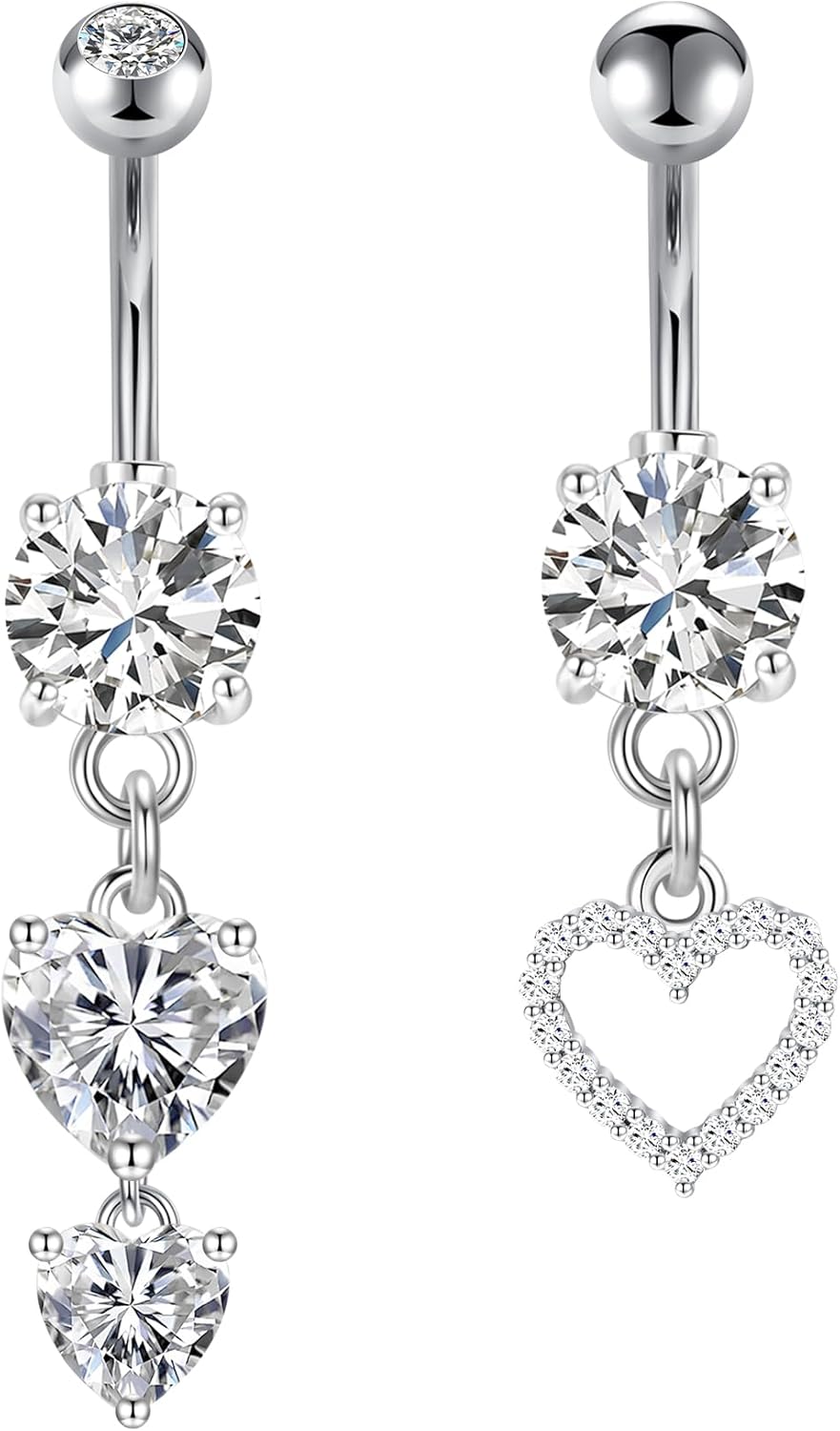 FECTAS Piercing Nombril 14G 10mm Acier Chirurgical CZ Coeur Papillon Diamant Piercing Nombril Piercing Bijoux pour Femmes Hommes Argent Or