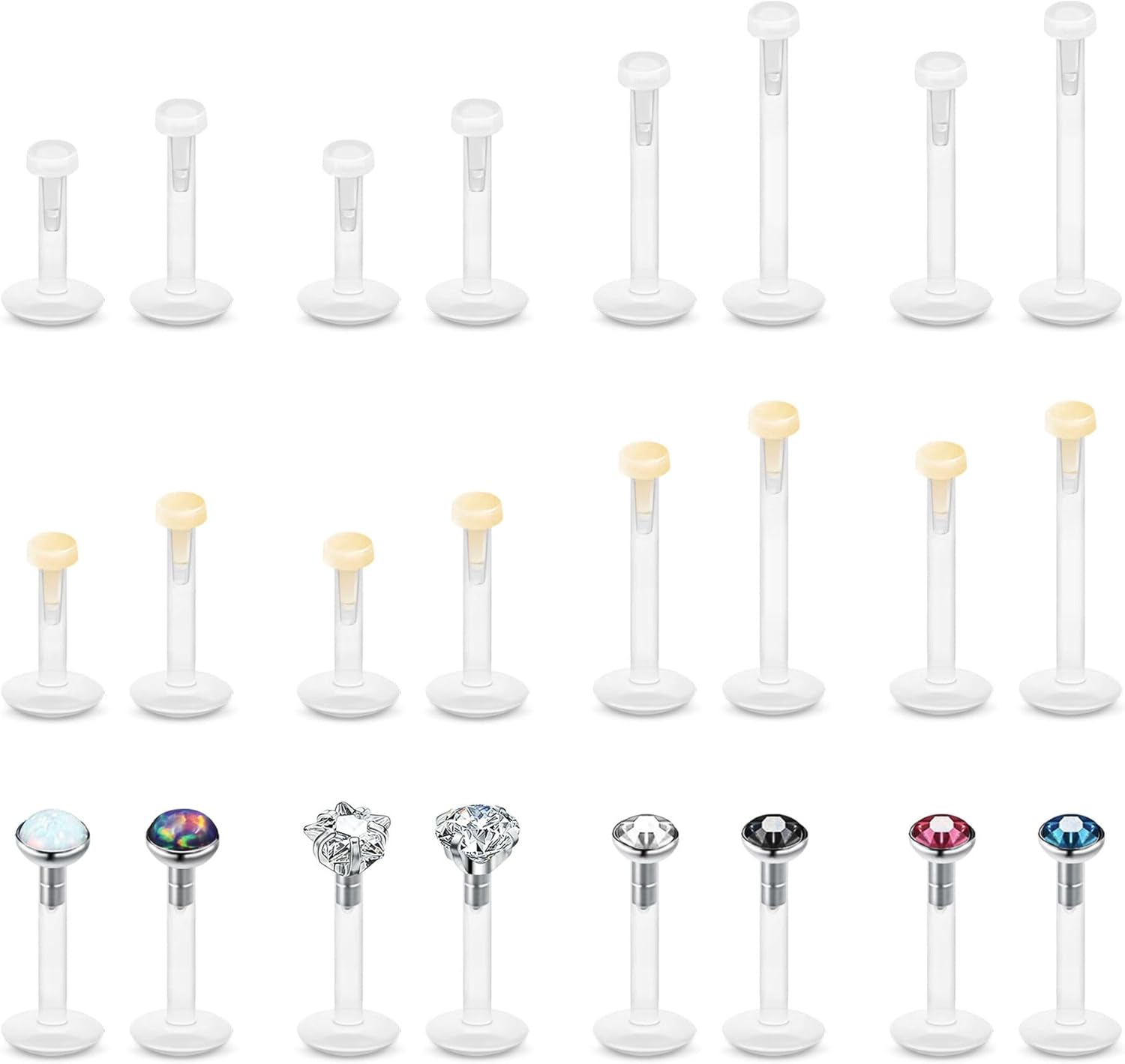 24Pcs Piercing Labret Bioflex Plastique Levre Bouche Barres Transparent Silicone Tige pour Nez Medusa Madonna Tragus Helix Oreille 6mm 8mm 10mm 12mm 16G