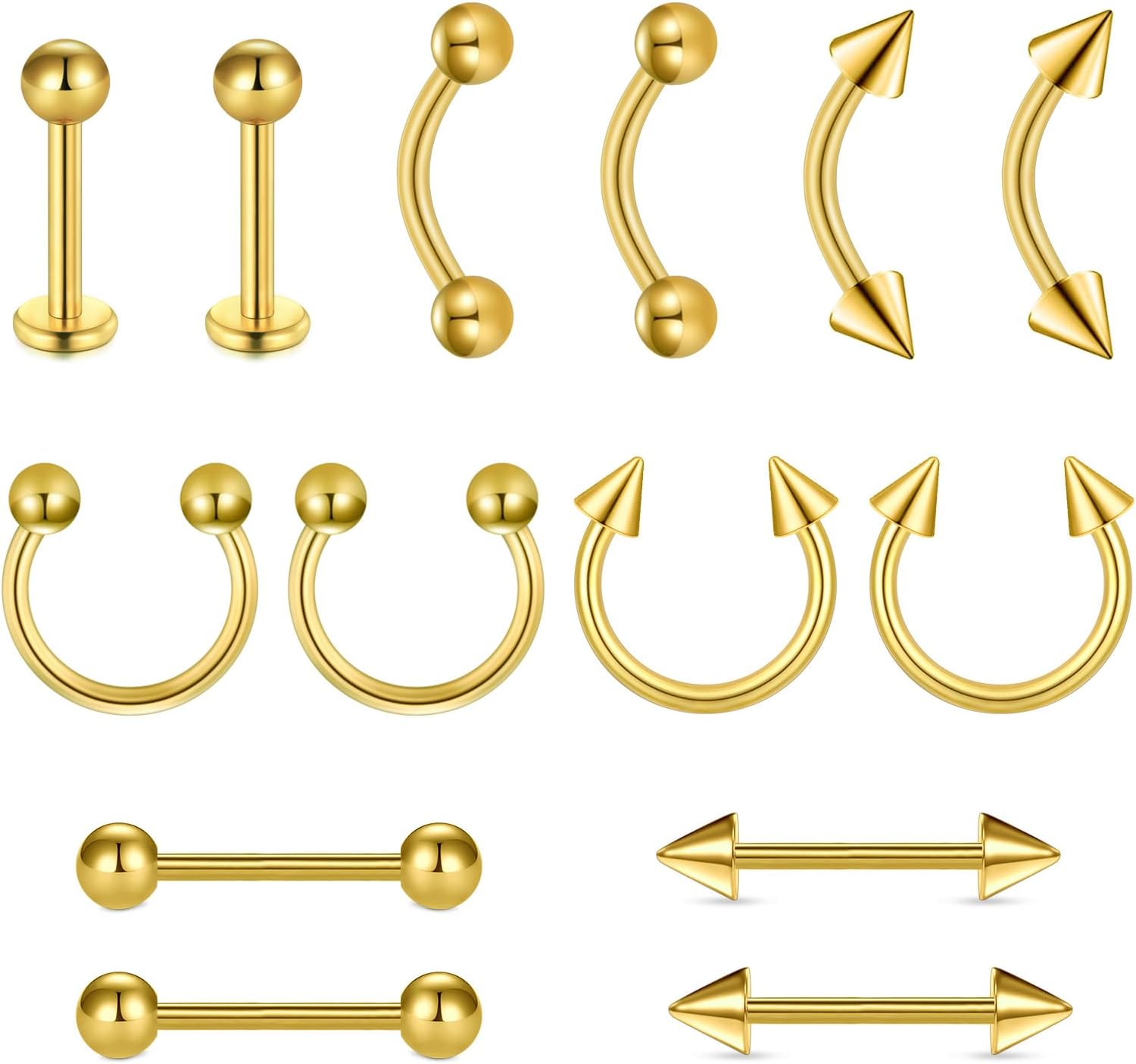 Barre pour sourcil Barre pour lèvre Septum Piercing à la Langue : 14 pièces 16G Acier Chirurgical Barbell courbé Anneau pour lèvre Piercing au Tragus Gold