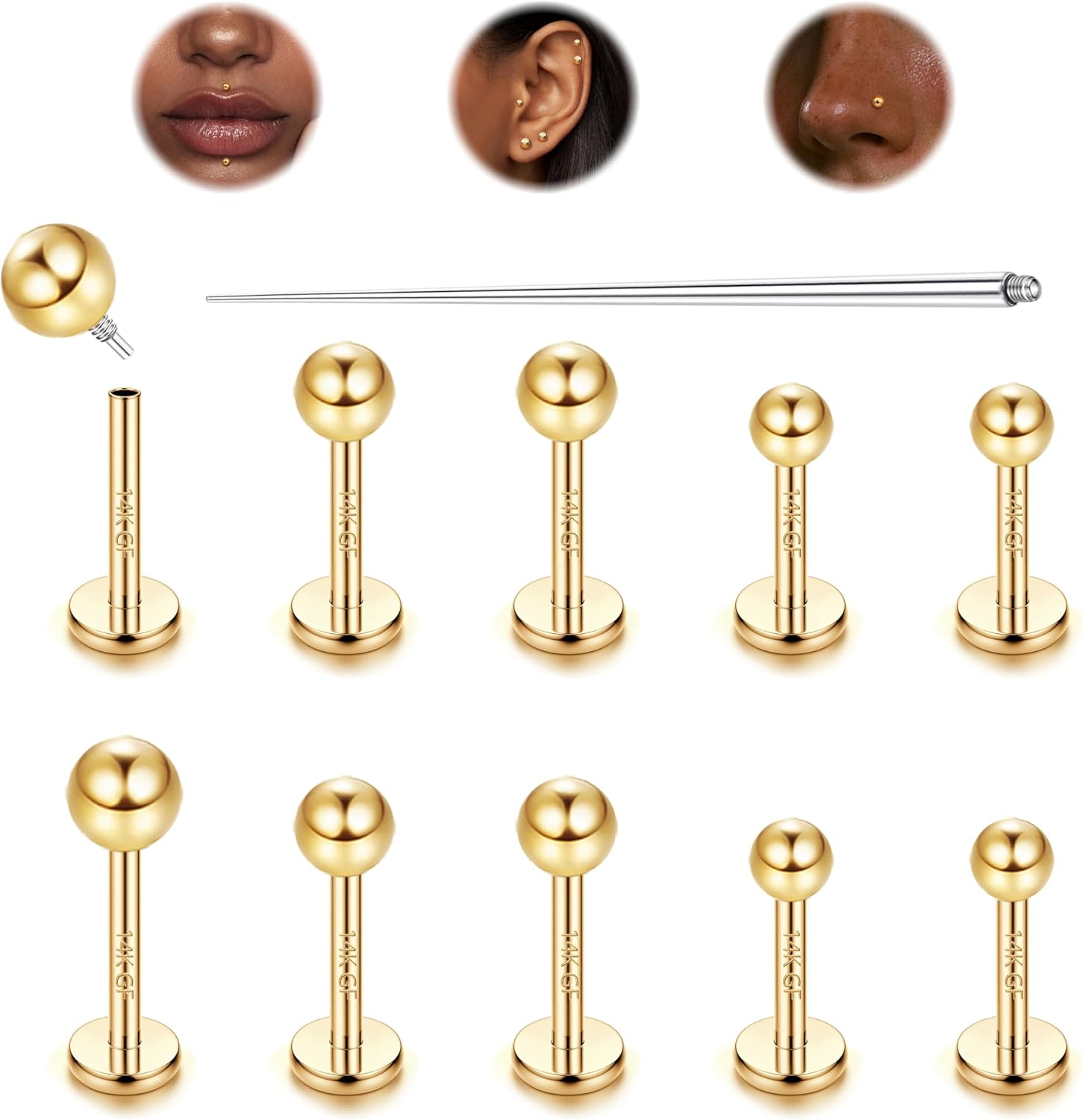 10 Pièces 16G Titane Piercing Tragus Percing Oreille Percing Nez Boucles d'oreilles Filetés Intérieurement Piercing à Lèvres Medusa Piercing Bijoux 6/7/8MM Boule Dorée
