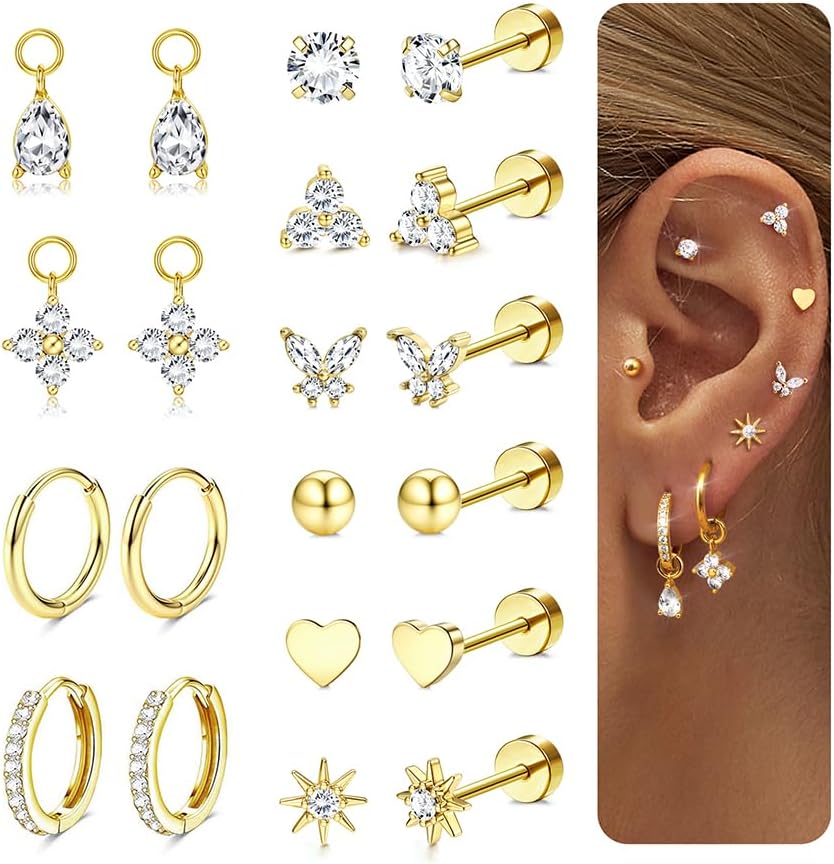 CASSIECA 10 Paires Boucles d'Oreilles Femme Acier Inoxydable Piercing Oreille Cartilage Boucles d'oreilles Pendantes Creoles Piercing Tragus Anneaux Conch Lobe Helix Piercing Or Argent