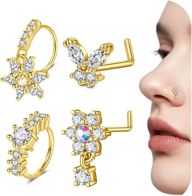 Acier Nez-Stud Nez-Piercing Nez-Anneau : 5 PCS 20G(0,8 mm) Acier Inoxydable Nez Piercing Bijoux avec zircone cubique 20g-gold-b