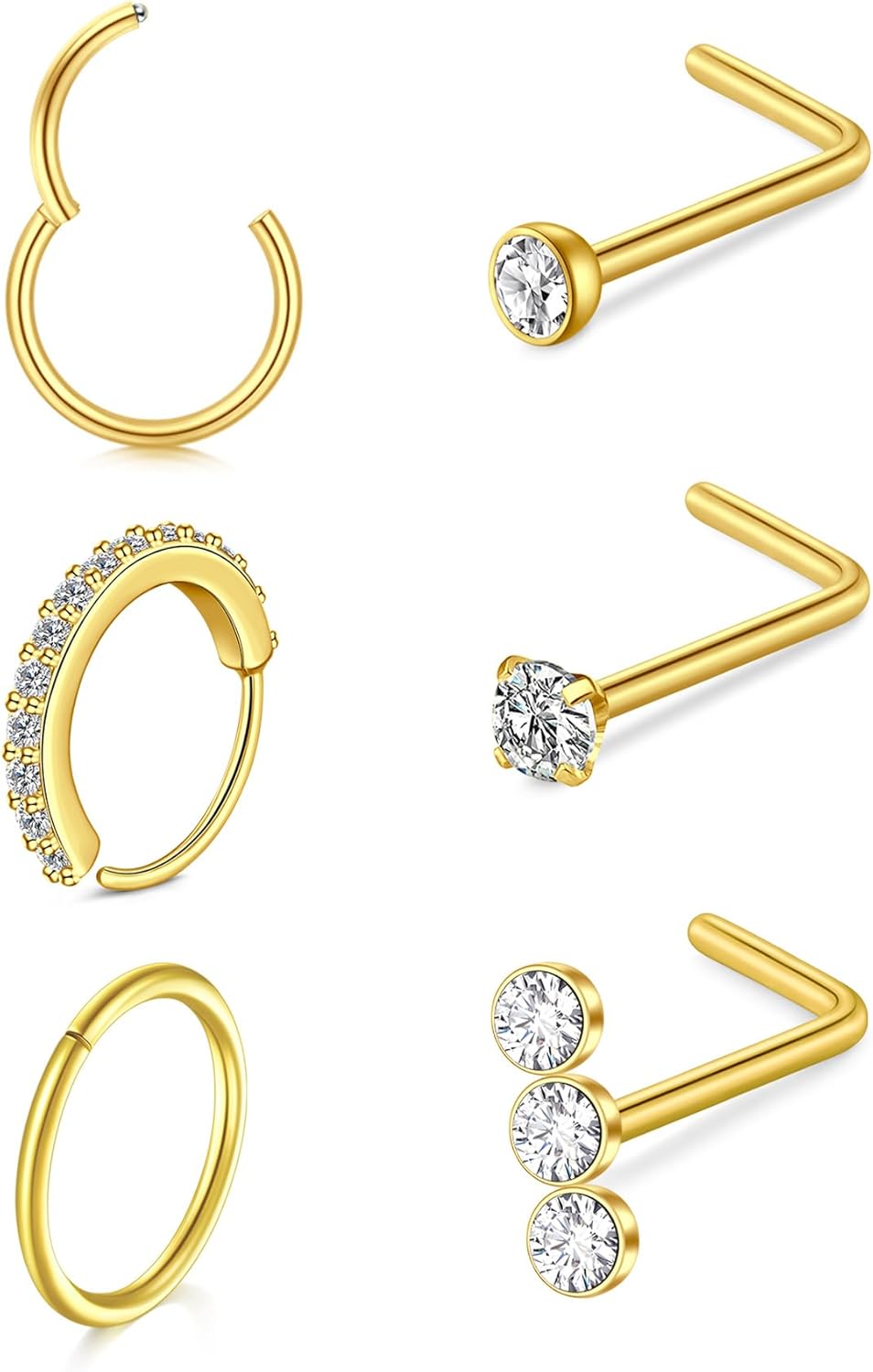 6 Pièces 20G Kit Piercing Nez Acier Inoxydable Percing Septum Anneaux 8mm, Piercing Nez Forme de L avec Zircone, Bijoux pour les Femmes et les Hommes Piercing Nez Anneaux（8mm）& Piercing Nez Forme L-Or