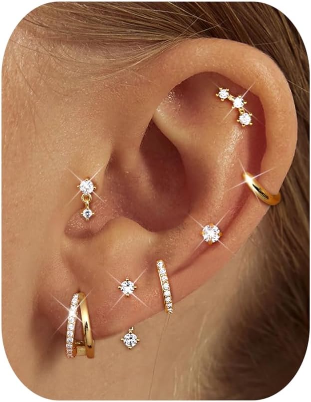7 Paires Boucles d'Oreilles Femme Clous & Créoles Boucle d'Oreille Femme Or Hypoallergénique Plaqué Or 14K Lot Boucles Oreilles Femme Cartilage & Multiple Piercing Oreille Or/Argent Or 14K - Élégant