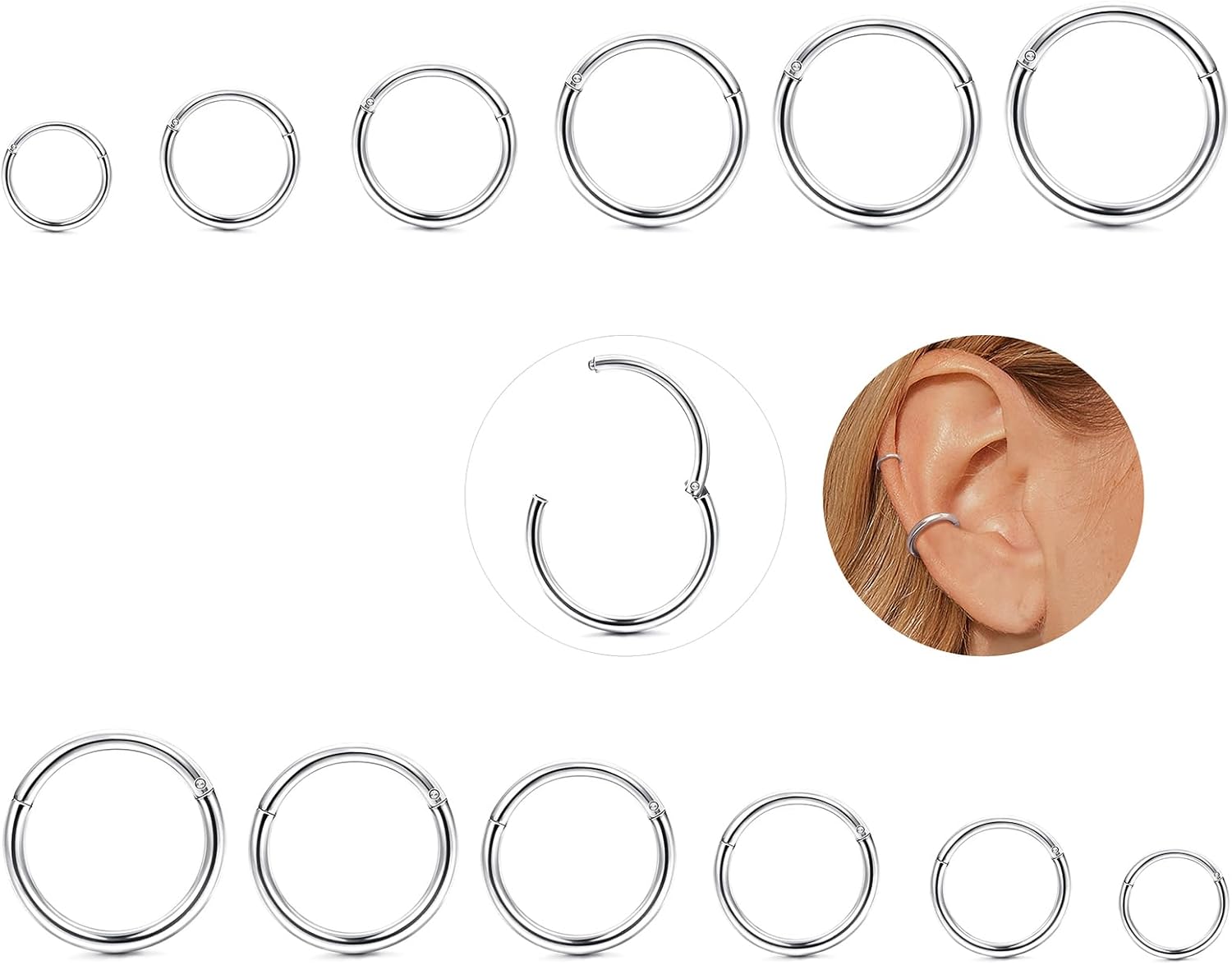 YADOCA 12 Pcs 16G Piercing Nez Anneaux pour Femmes Hommes Acier Chirurgical Piercing Nez Septum Anneau Segment Hinged Clicker Cartlidge Helix Daith Conch Piercing Bijoux 6-16mm Argent