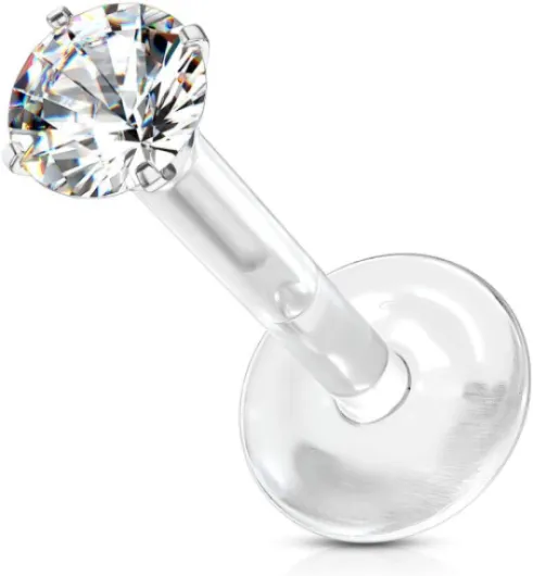 Tata Gisèle Piercing Labret Monroe Acier Chirurgical et Bioflex - Labret Type Push in avec Zircon Rond Serti Quatre Griffes et Base Plate en Bio Flex - Argenté / Clair 6.0 Millimètres