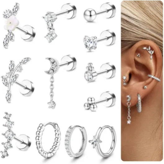 JeweBella 12Pcs Piercing Oreille Boucles d'Oreilles Femme Acier Inoxydable Piercing Tragus Helix Ensemble de Boucles d'Oreilles Femme Argent Or Petites Helix Piercing Conch Rook Anneaux Tragus Argent-lune