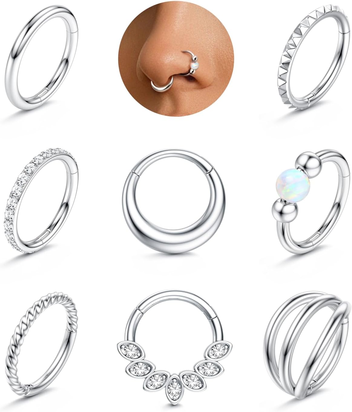 Adramata 8Pcs Piercing Nez Acier Chirurgical Piercing Septum Hypoallergénique Piercings Nez Anneaux Fermoir Clicker - Bijoux pour Piercings Lèvre, Cartilage, Oreille (Conch, Tragus, Helix) Or/Argent Argent-16G-8MM