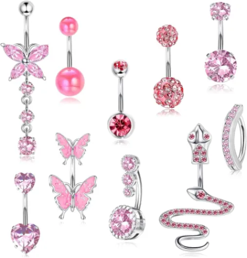 DHINCHANSAIB 10 Stück Bauchnabelpiercing Set,Bauchnabelpiercing Schmetterling Blume Anhänger,Chirurgenstahl Silber Rose, Hängende Schmetterling und Herz Designs, normal, Acier chirurgical 316L de