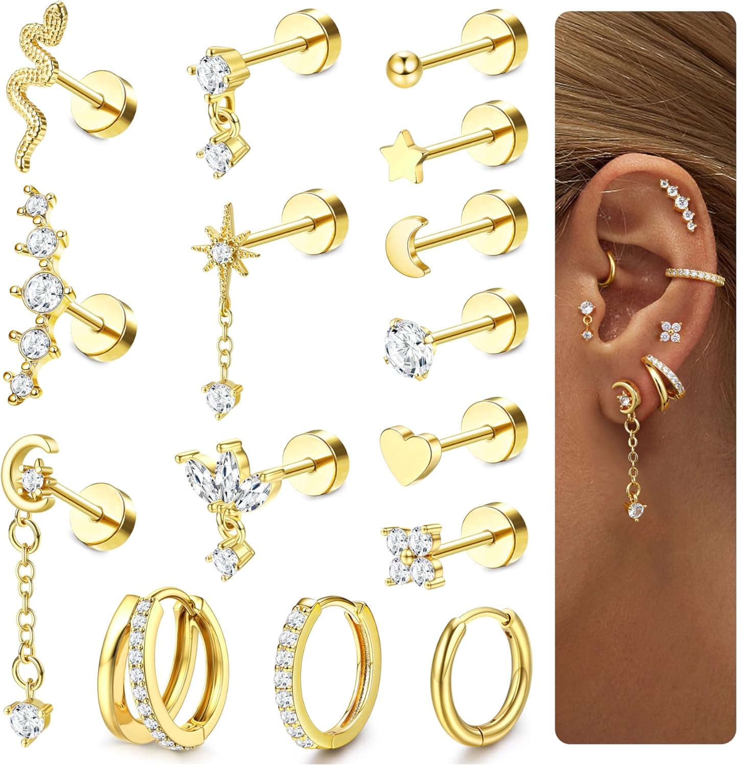 CASSIECA 15 Pcs Piercing Helix Boucles d'Oreilles Femme Acier Chirurgical Piercing Oreille Cartilage Boucles d'oreilles Pendantes Creoles Tragus Piercing Anneaux Conch Lobe Helix Piercing Or Argent