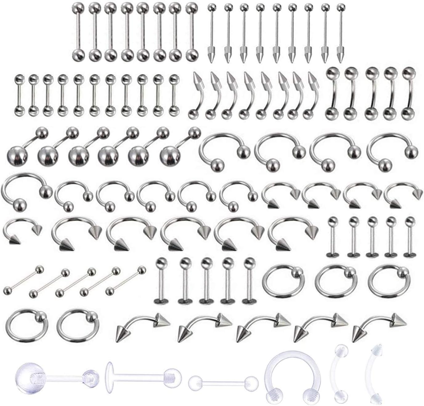 LuLyL 92 pièces de perforations (92 pièces), 16 styles d'acier inoxydable 316L, 6 pièces d'anneaux de nombril transparents pour le corps, la langue, le nez, les oreilles, les, les lèvres, 91 Unité