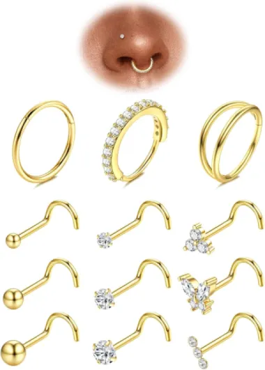 Adramata 12Pcs 20G Piercing Nez Acier Chirurgical - Anneaux & Studs en Forme de L pour Femme Homme, Hypoallergénique Piercing Helix Septum Anneau Argent Or Bijoux Piercing nez à vis-Or