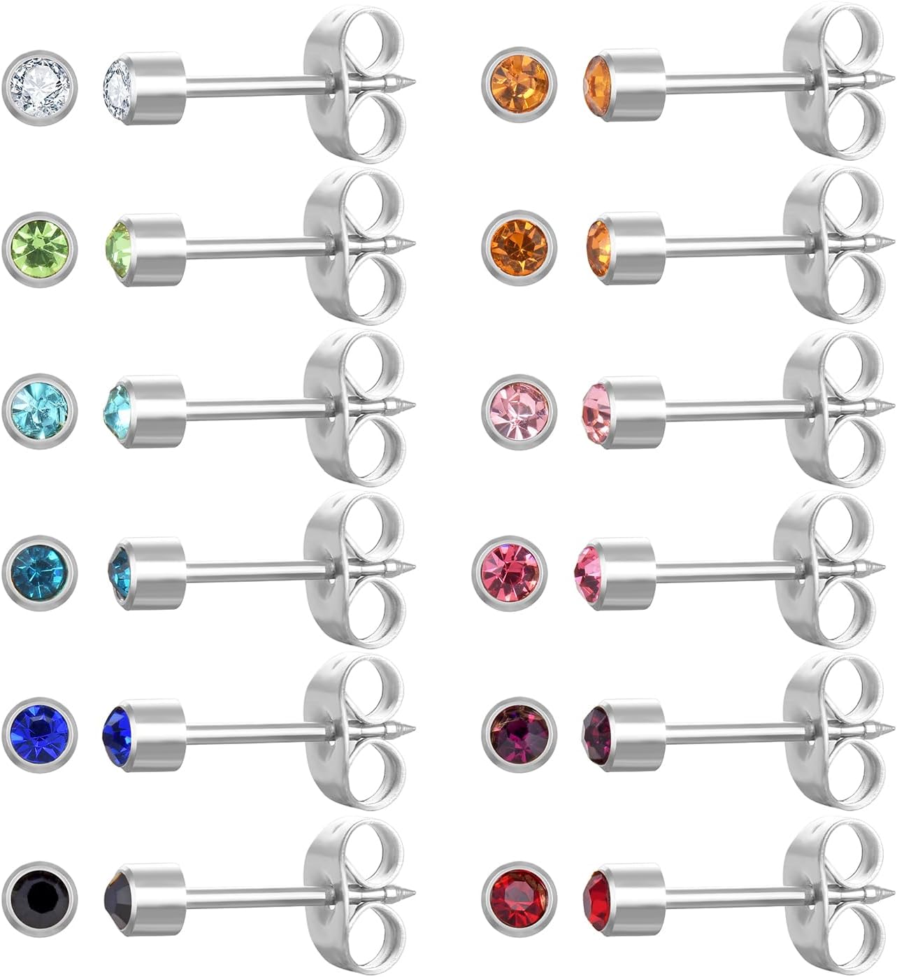 JMFENFA Lot de 12 paires de boucles d'oreilles en acier inoxydable chirurgical plaqué or avec pierre de naissance multicolore et zircone cubique pour piercing d'oreille Argent 4 mm