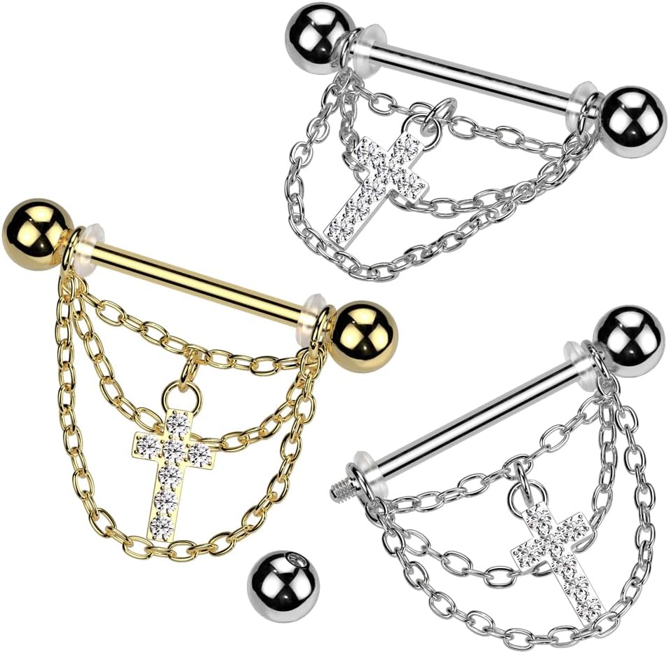 Tata Gisèle Piercing Téton en Acier Chirurgical 316L et Oxydes de Zirconium - Motif Croix avec 3 chainettes pendantes - Doré ou Argenté - Bijou de sein mamelon, barre, Marque Francaise