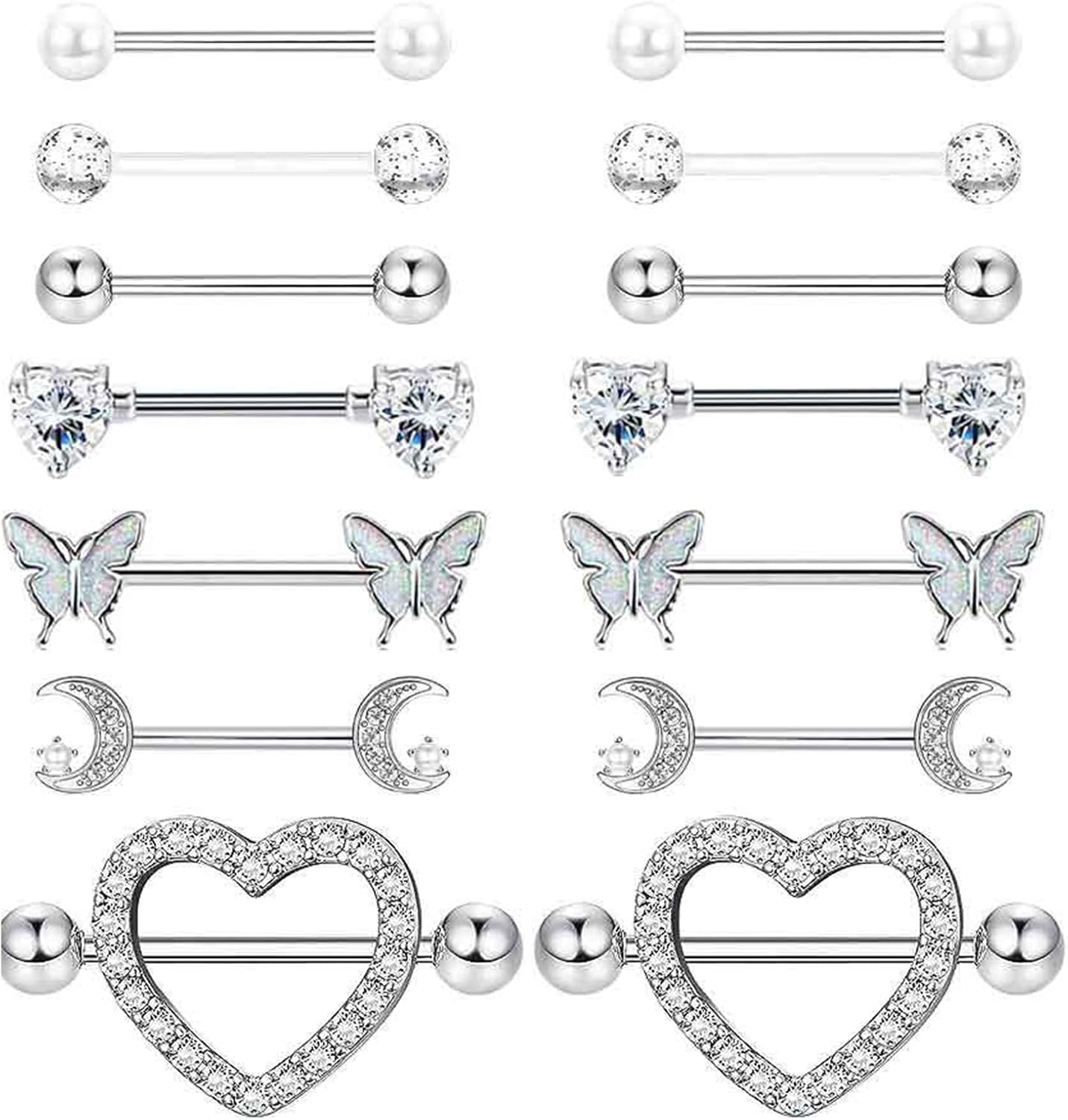 JENCVNL 7 Paires 14G Piercing Teton pour Femme Piercing Téton Mamelon en 316L Acier Inoxydable Papillon Coeur Lune Barbells CZ Body Bijoux de Piercing