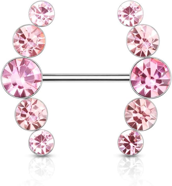 Tata Gisèle Piercing Sein Téton en Acier Chirurgical 316L et Cristal - Deux Lignes de Cristal Positionnées en Arcs de Cercle - Rose