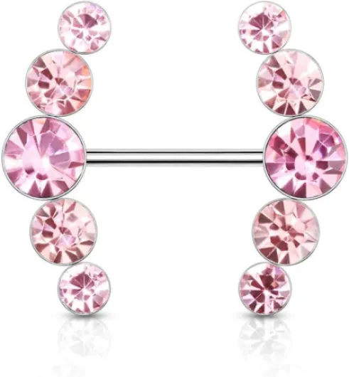 Tata Gisèle Piercing Sein Téton en Acier Chirurgical 316L et Cristal - Deux Lignes de Cristal Positionnées en Arcs de Cercle - Rose