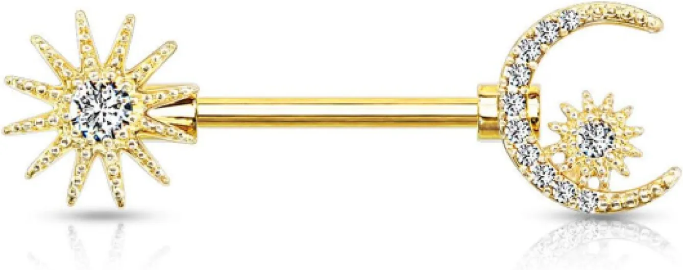 Tata Gisèle Piercing Sein Téton en Acier Chirurgical 316L et Oxydes de Zirconium - Harmonie Astrale Entre Soleil et Croissant de Lune Pavés de Zircons - (Or Doré/Transparent)