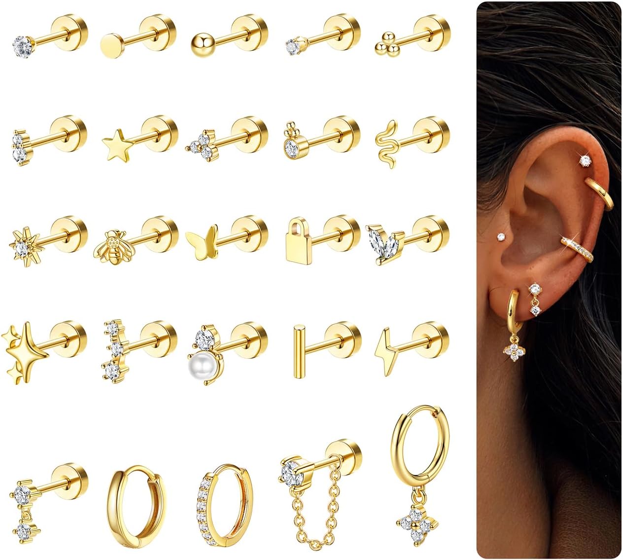 CASSIECA 25 Pcs Boucles d'Oreilles Femme Bijoux Acier Inoxydable Plaqué Or 14K Oreille Piercing Cartilage Boucles d'Oreilles Creoles Piercing Tragus Conch Lobe Helix Piercing Or Argent or - zircon blanc