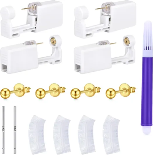 4 pièces kit piercing oreille or/argent, pistolet piercing oreille avec clou d'oreille CZ, outil d'auto-perçage indolore pour filles femmes hommes 4 pièces kit piercing oreille-boules Stud-or