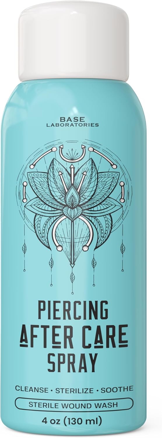 Spray Antiseptique Après Piercing Base Labs - Nettoie, Stérilise & Apaise - Solution Piercing - Solution Nettoyage Piercing Pour Oreille, Nez, Corps, Nombril - 120ml 120ml (Paquet De 1)