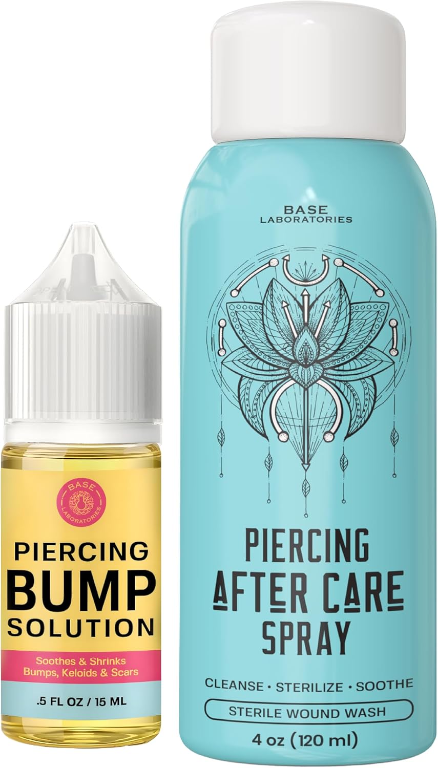 Kit Soin Pour Piercing Base Labs - Huile Chéloïde Perçante (15ml) plus Spray De Soin Piercing (120ml) - Accélérer La Cicatrisation Et Apaiser - Élimination Chéloïdes - Solution Saline Pour Piercings