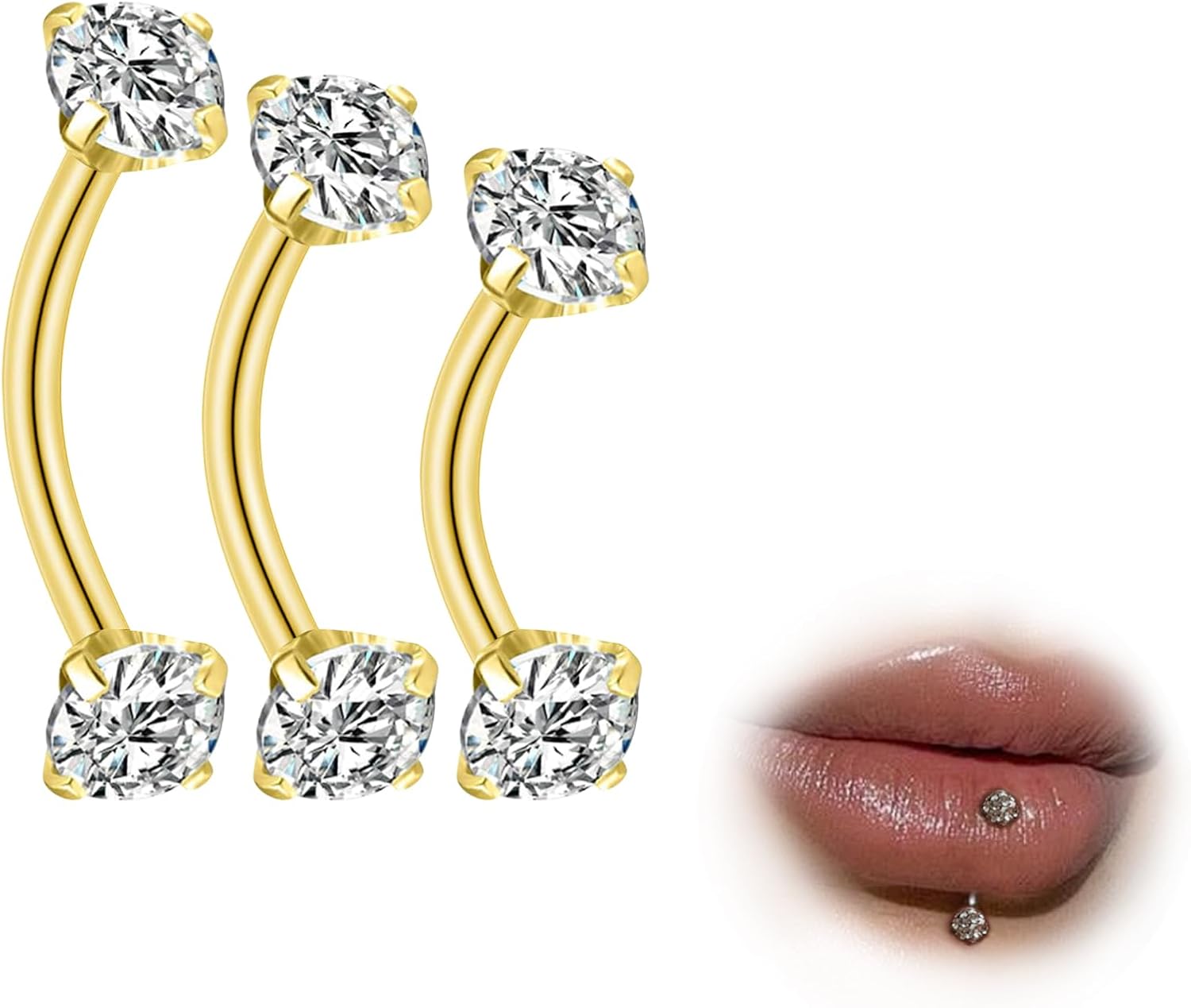 ESHIONER G23 Titane Piercing Arcade Piercing Langue Nombril Piercing Labret Vertical Levre Lip Bar Labret Daith Bananes Homme Femme Hypoallergénique Argent Or 6mm 8mm 10mm 16G 3PCS (16G)1.2mm Or CZ