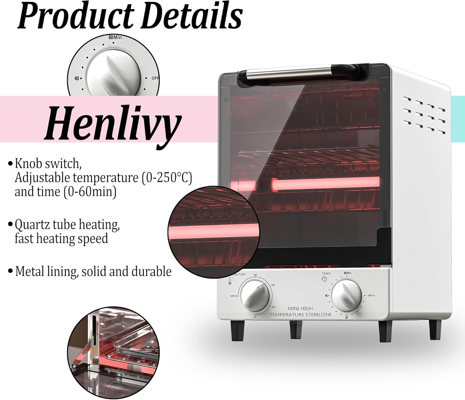 Stérilisateur à haute température, 10 L, grande capacité, température maximale 250 ℃, avec contrôle de la température et minuterie, pour salon de coiffure, spa, salon de manucure, stérilisateur DDG Blanc