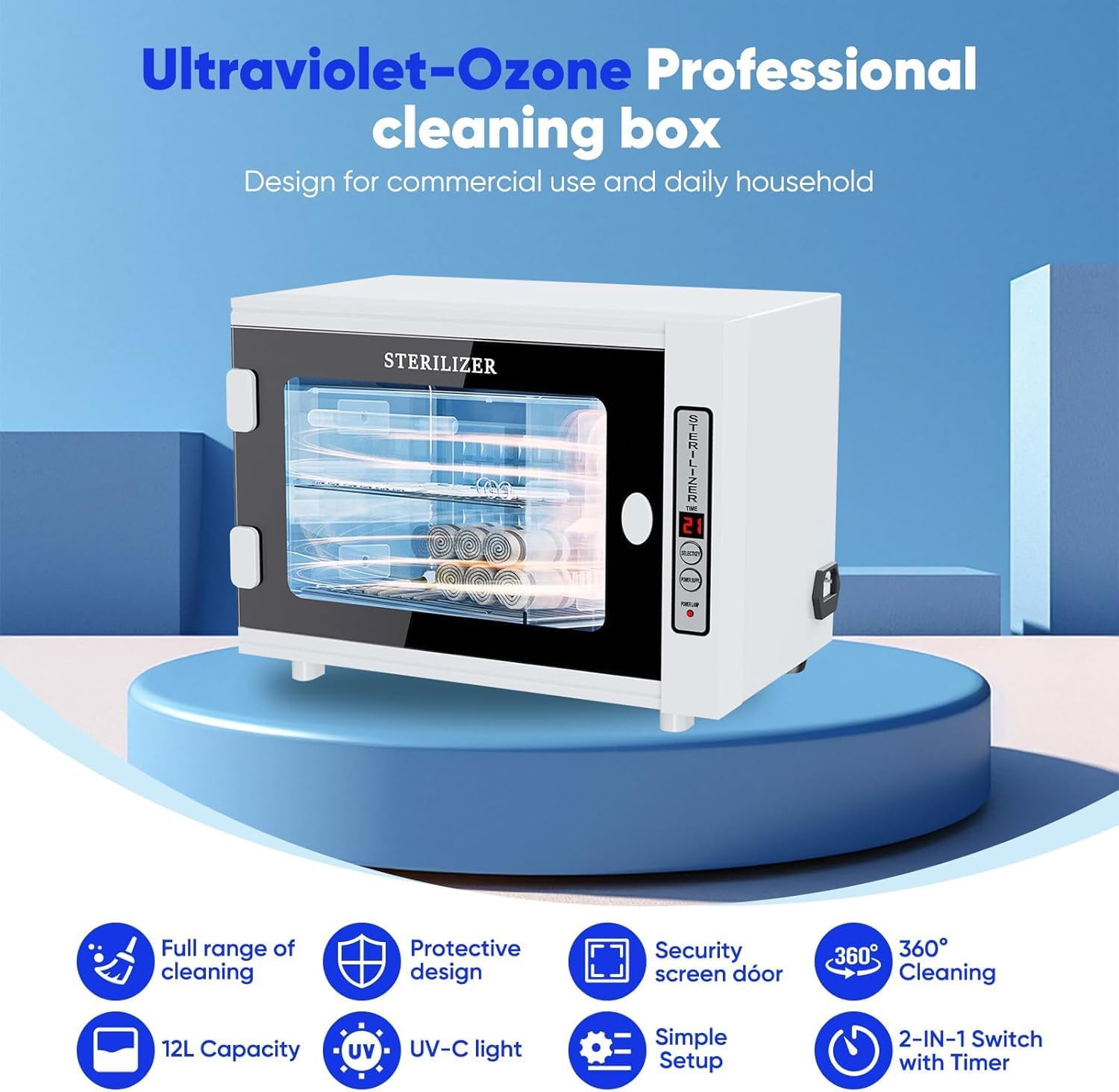 Stérilisateur UV,sterilisateur materiel onglerie haute capacité 12L,Efficace Stérilisateur UV avec réglage de la minuterie,professionnel stérilisateur à lumière LED pour la maison,le salon de coiffure