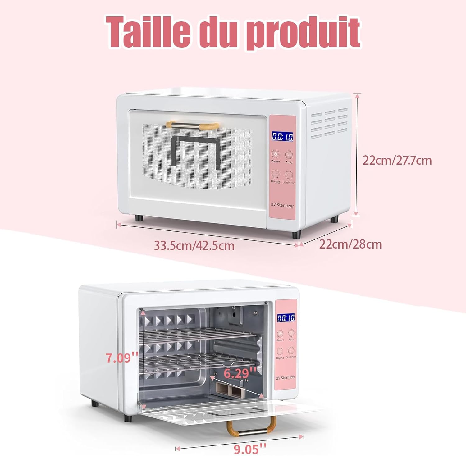 Stérilisateur Haute Température UV, autoclave stérilisation, Armoire de Désinfection UV, Appareil de stérilisation, technologie de séchage à l'air chaud 167 °F, pour le Salon（10L/Rose） 10L rose