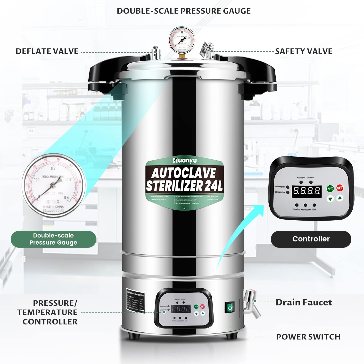 Autoclave 24L Autoclave automatique à vapeur Autoclave électrique de laboratoire à contrôle intelligent Température et temps réglables Stérilisateur à vapeur à haute pression