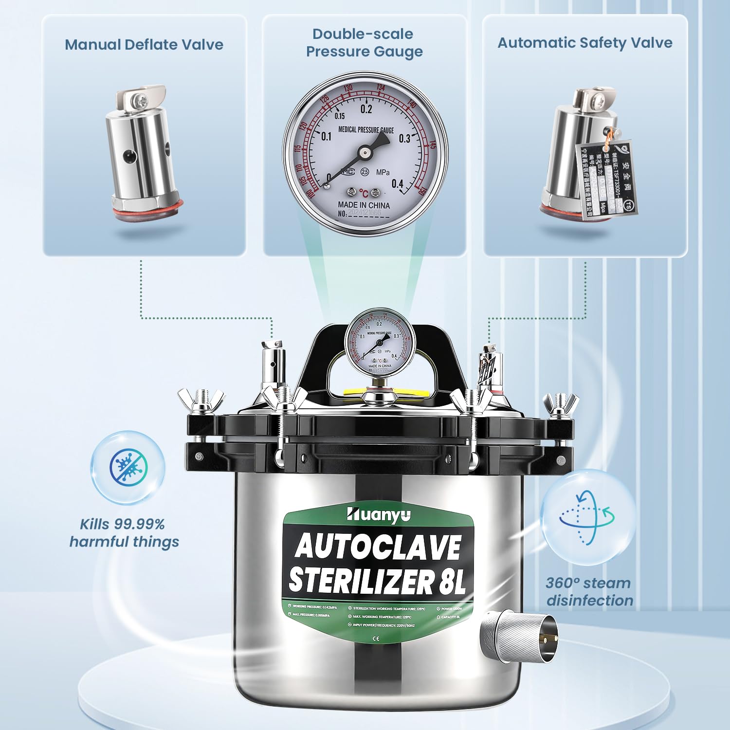 Stérilisateur Autoclave 8L avec double valve Autoclave électrique à vapeur de laboratoire Anti-brûlure sèche Stérilisateur à vapeur à haute pression pour les laboratoires Universités