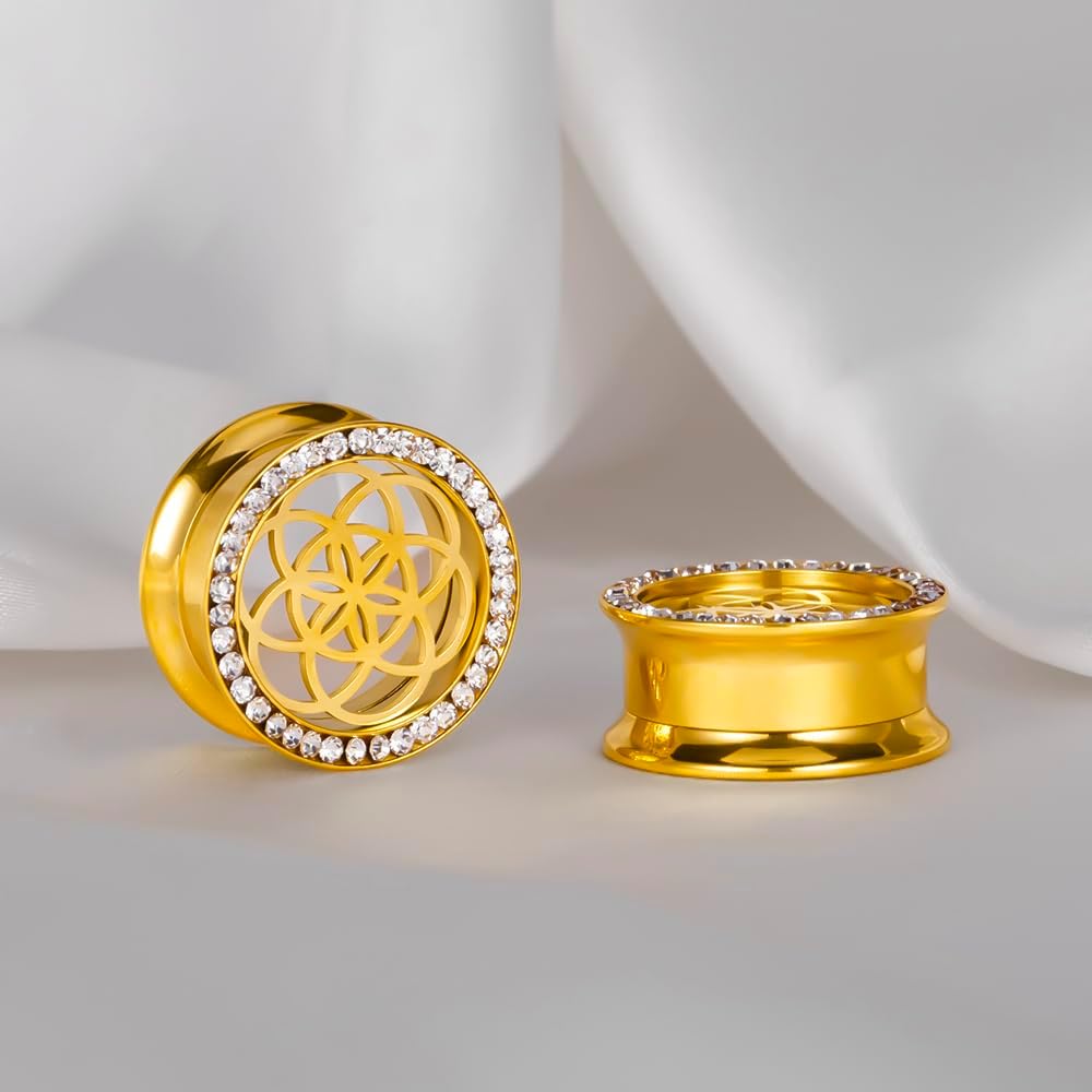 Ecarteur Oreilles Double flare plug tunnel Fleur ajourée avec zircon en Acier Inoxydable lobe d'oreille Piercing Écarter extension Bijoux pour Femmes Hommes 8mm à 19mm 8mm(0G) Or