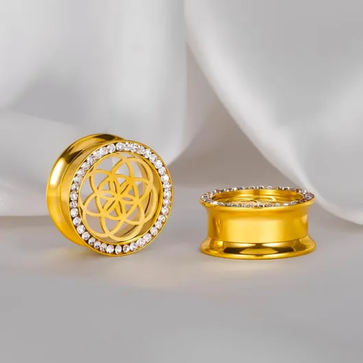 Ecarteur Oreilles Double flare plug tunnel Fleur ajourée avec zircon en Acier Inoxydable lobe d'oreille Piercing Écarter extension Bijoux pour Femmes Hommes 8mm à 19mm 8mm(0G) Or