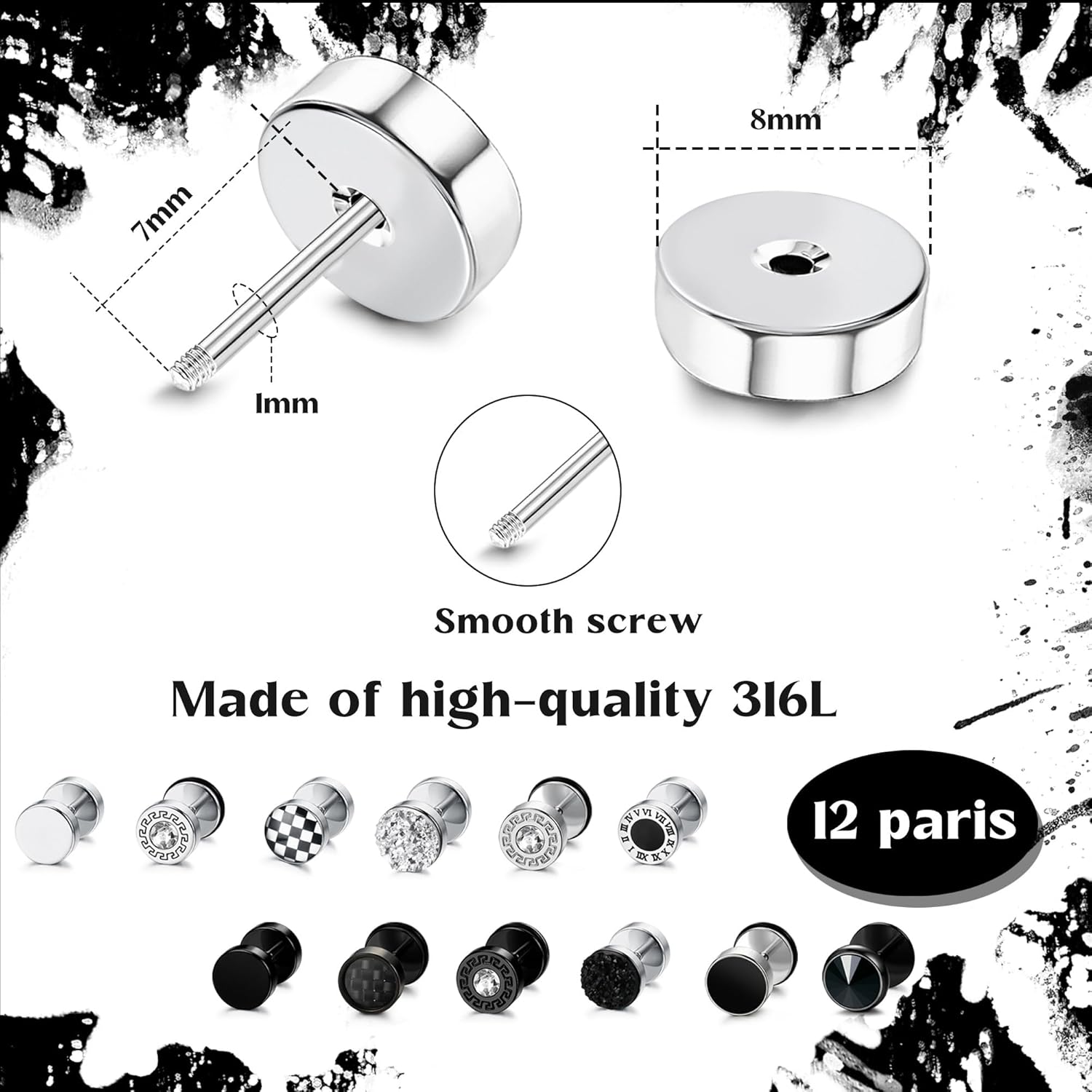 JeweBella 12 Paires Boucle d'Oreille Homme Acier Inoxydable Piercing Oreille Boucles d'Oreilles Noir Argent Punk Faux Ecarteur Oreilles Haltères Ronds Faux Plugs Boucles d'Oreilles pour Homme 8MM Style B