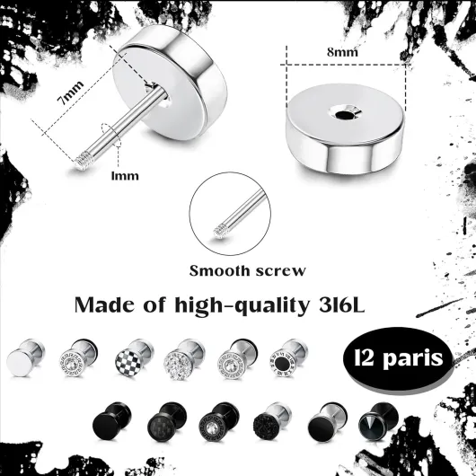 JeweBella 12 Paires Boucle d'Oreille Homme Acier Inoxydable Piercing Oreille Boucles d'Oreilles Noir Argent Punk Faux Ecarteur Oreilles Haltères Ronds Faux Plugs Boucles d'Oreilles pour Homme 8MM Style B