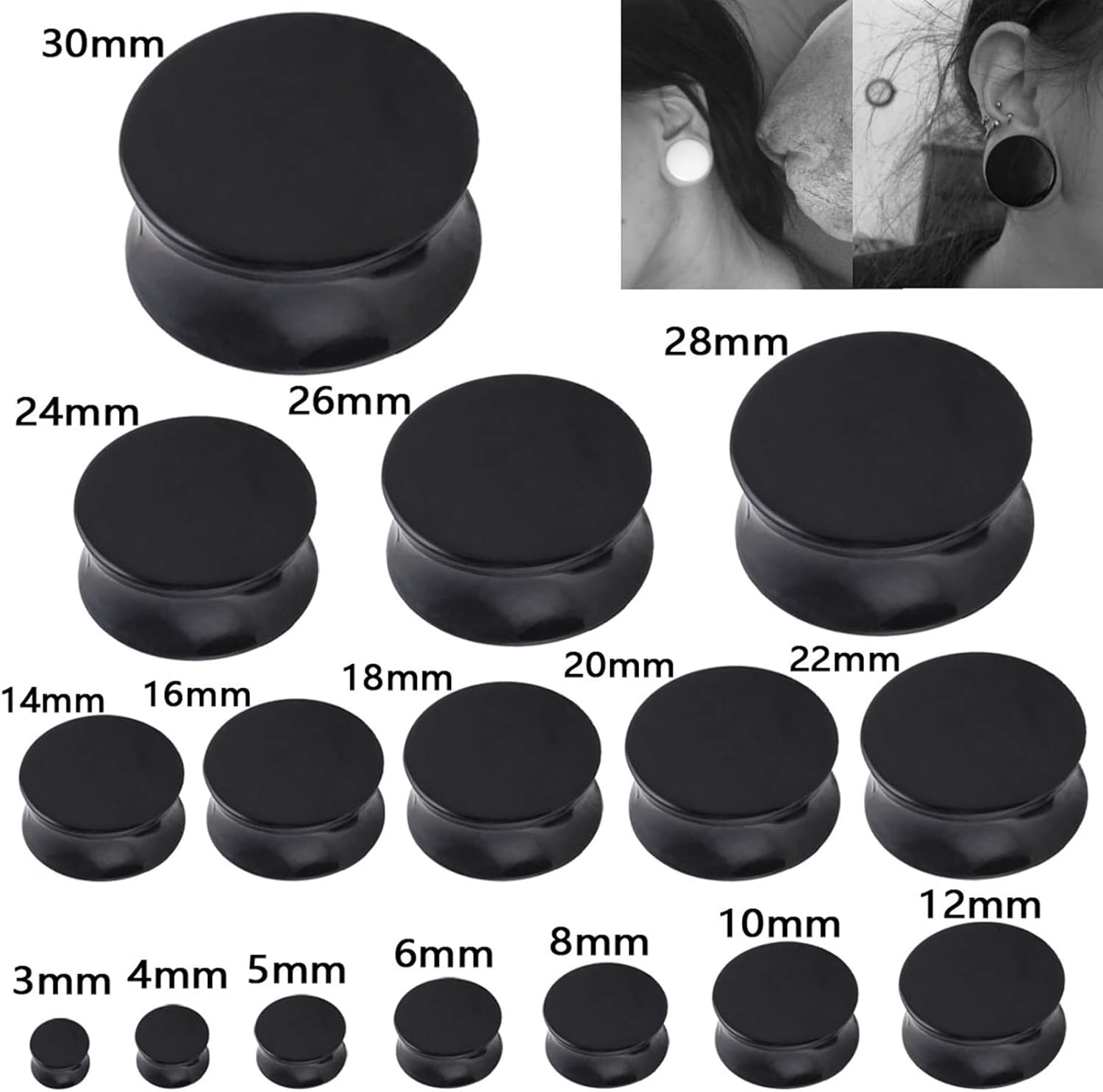 Beydodo Écarteur d Oreilles Plusieurs Tailles, Tunnel Oreille Acrylique 2 Pièces Tunnels de Chair Forme Ronde Noire 18 Millimètres