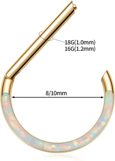 Anneau de nez, droit, septum, 16 g, 18 g, en acier chirurgical, demi-cercle, coquillage, tragus, cartilage, rook, hélix, boucle d'oreille, segment aligné, clicker, septum Style : or + tige droite et demi-cercle opale blanc 16G-5/16"(8mm)