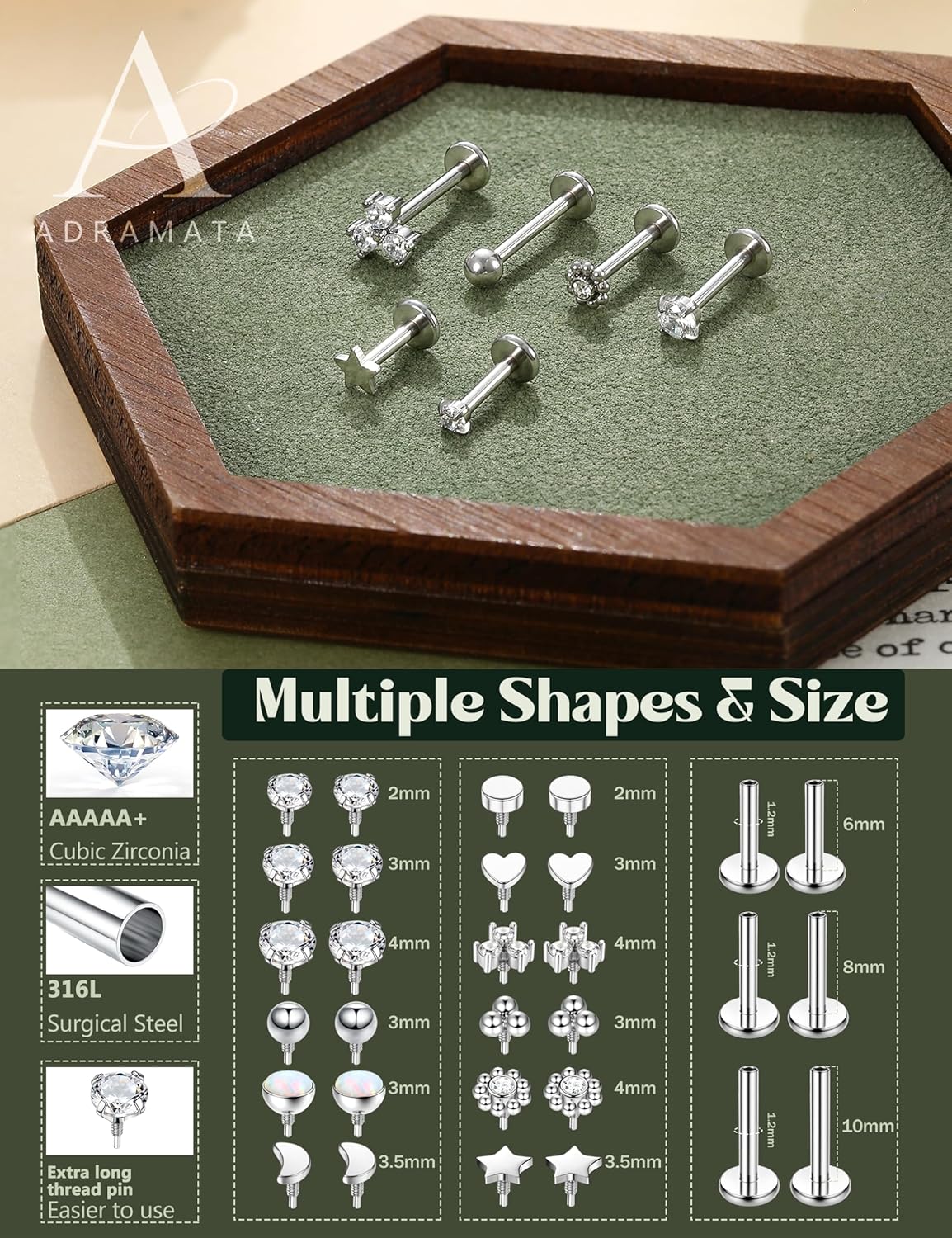 16G/18G Piercing Tragus Labret à Filetage Interne pour Lèvre Hypoallergénique Piercing Oreille Conch Cartilage (Or/Argent) 6/8/10MM 18G Argent