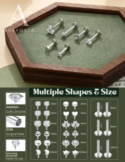 16G/18G Piercing Tragus Labret à Filetage Interne pour Lèvre Hypoallergénique Piercing Oreille Conch Cartilage (Or/Argent) 6/8/10MM 18G Argent