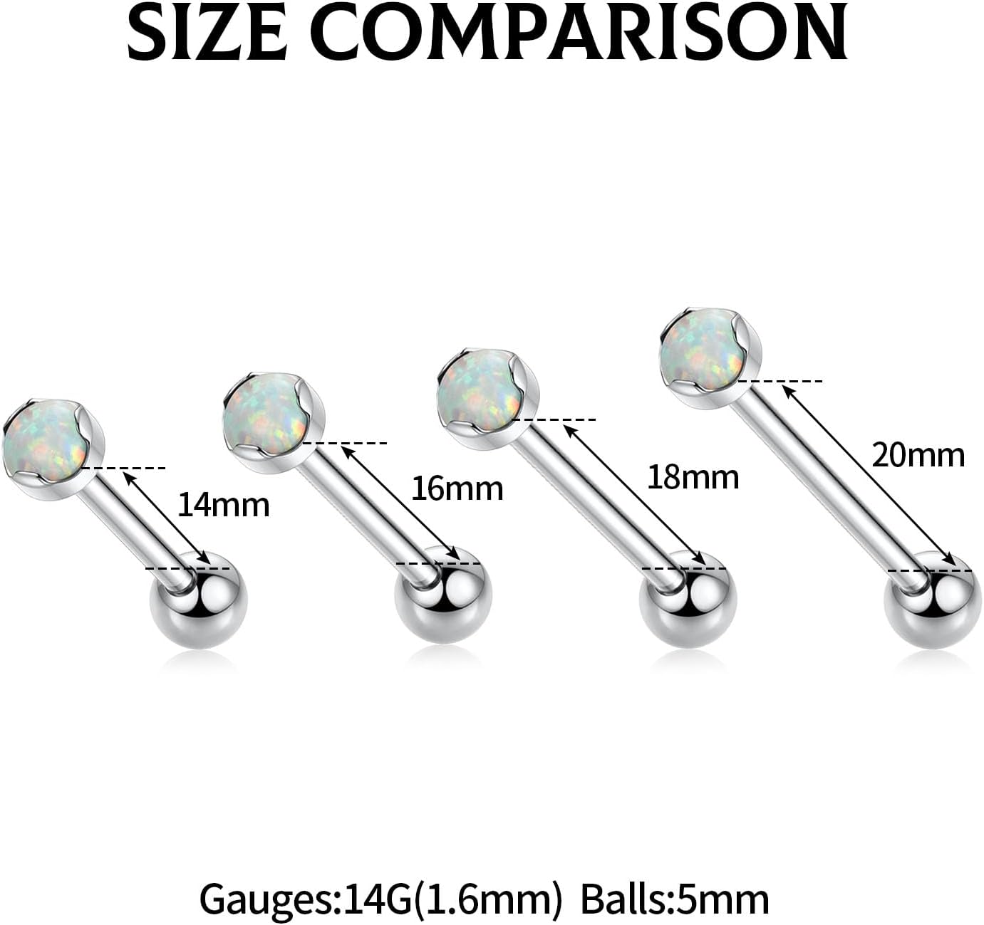 Hengkaixuan G23 Anneau de langue en titane 14 mm – 20 mm Filetage intérieur Boucle d'oreille cartilage hélix conch tragus labret Piercing Bijoux 14 G Barre de langue droite pour unisexe Argent avec opale blanche 16G 14mm