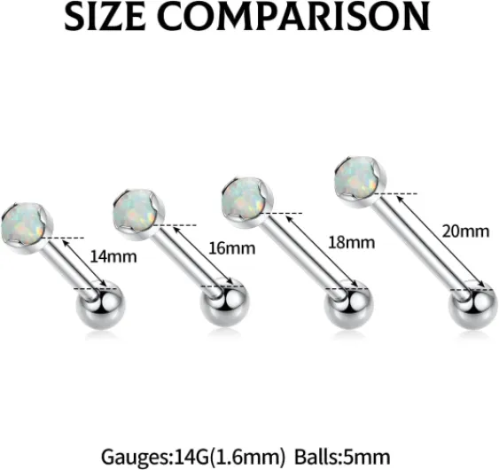 Hengkaixuan G23 Anneau de langue en titane 14 mm – 20 mm Filetage intérieur Boucle d'oreille cartilage hélix conch tragus labret Piercing Bijoux 14 G Barre de langue droite pour unisexe Argent avec opale blanche 16G 14mm