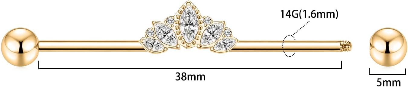 Piercing industriel 14 G en acier chirurgical - Barre d'échafaudage de 38 mm de long - Barre d'échafaudage avec zircone pavée - Pour homme et femme 1 pièce, or, avec oxyde de zirconium œil de cheval
