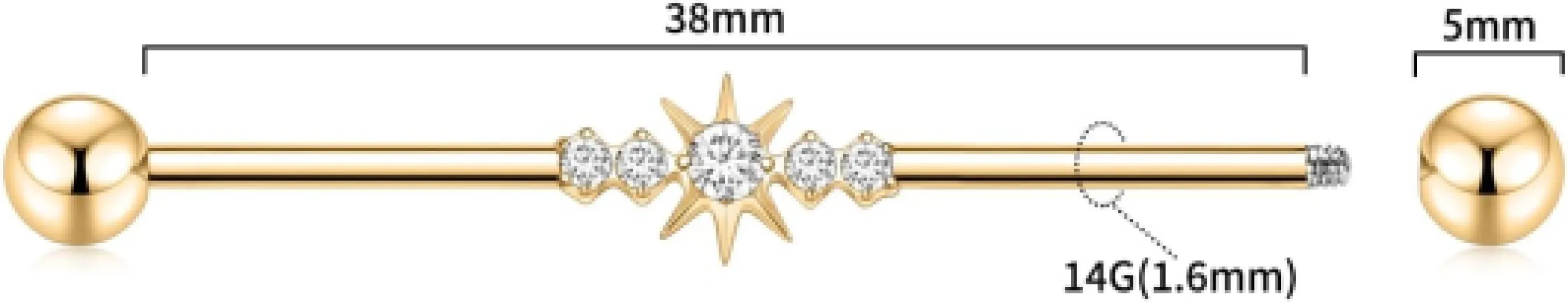 Hengkaixuan Boucle d'oreille industrielle longue en titane G23 pour cartilage hélix 14 g 38 mm Filetage extérieur Pour homme et femme Style 2 : or avec cinq zircons cubiques