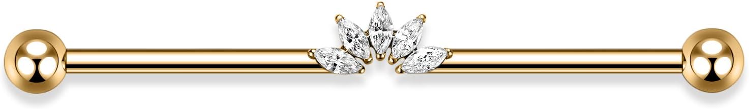 Piercing industriel 14 G en acier chirurgical - Barre d'échafaudage de 38 mm de long - Barre d'échafaudage avec zircone pavée - Pour homme et femme 1 pièce, or, 5 yeux de cheval CZ