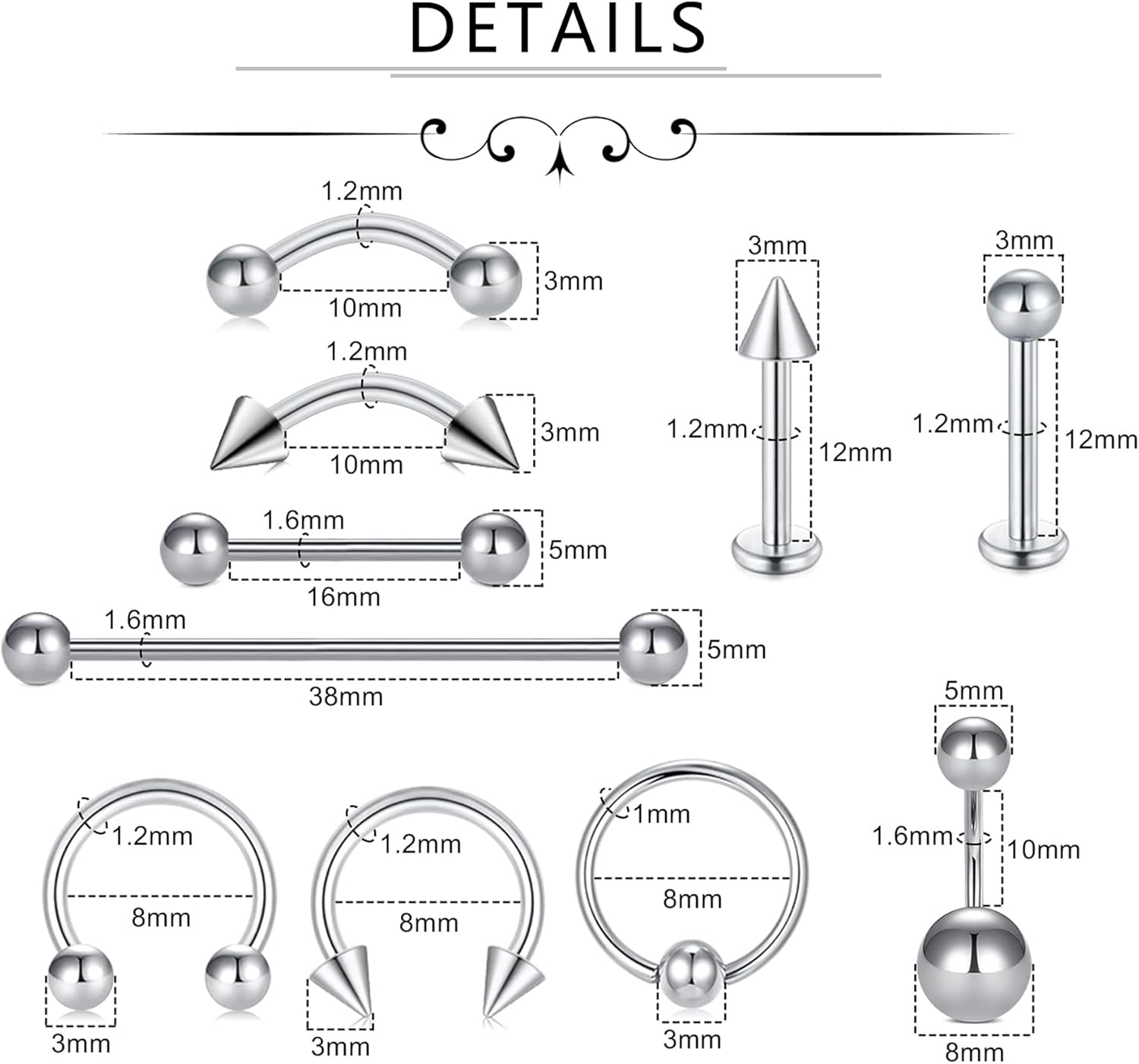 Kit piercing professionnel tous les piercings corps,14G 16G 18G 20G aiguilles acier inoxydable oreille nez septum nombril tétons lèvres sourcils smiley piercing bijoux Piercing-Kit - Style A