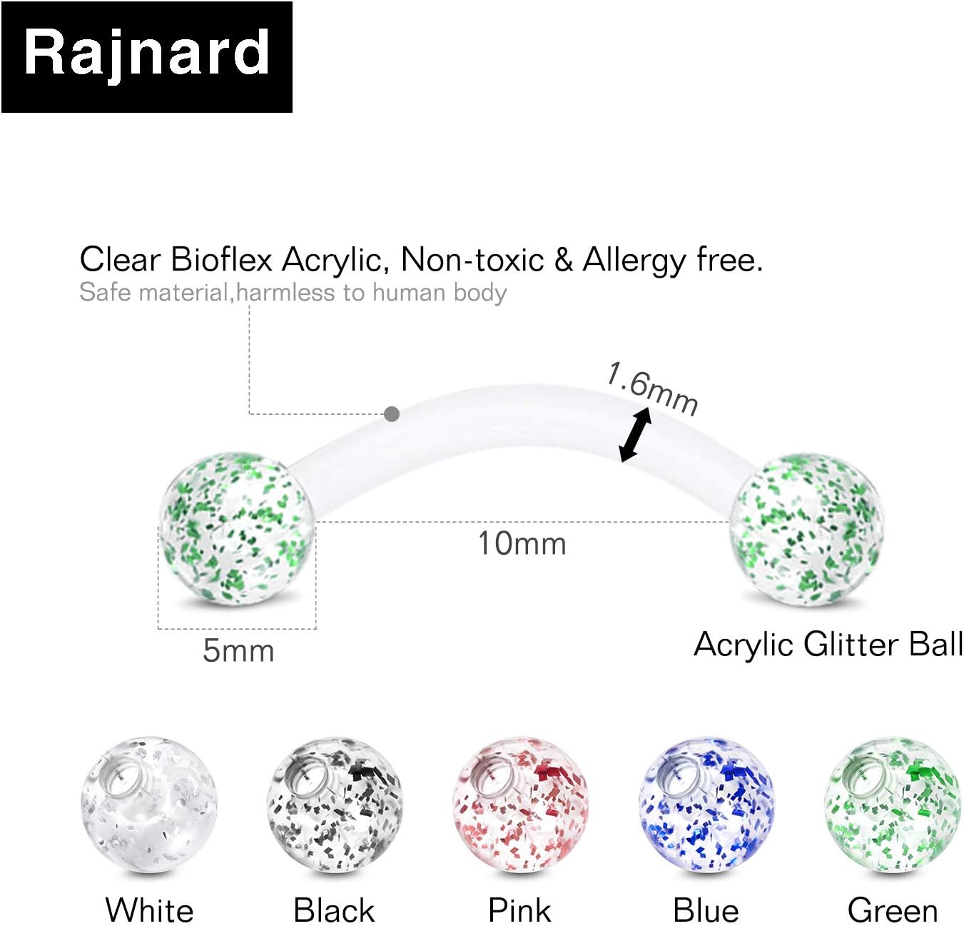 14G Piercing Sourcils Nombril 10/12/14/16/18mm Flexible Acrylique perle paillettes boule fluorescente Snake Eyes Langue Piercing Retainers Mamelon Piercing Bijoux pour Femmes 14 g, 10 mm, 20 pièces