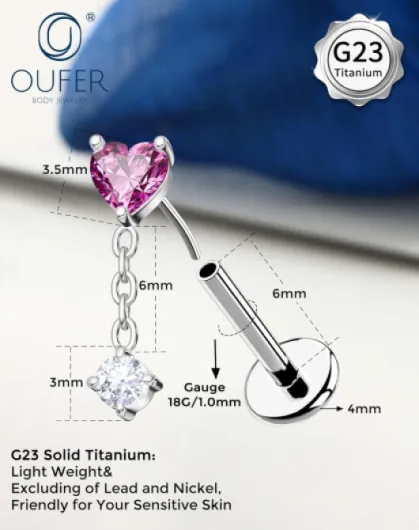 De Labret en Corps: Bague en Titane sans fil 18G avec Cœur en CZ pour Femmes Bijou de Piercing pour Cartilage Tragus Helix Bouchon de Lèvre Barre de 6mm en Or/Argent Dangle-white Gold