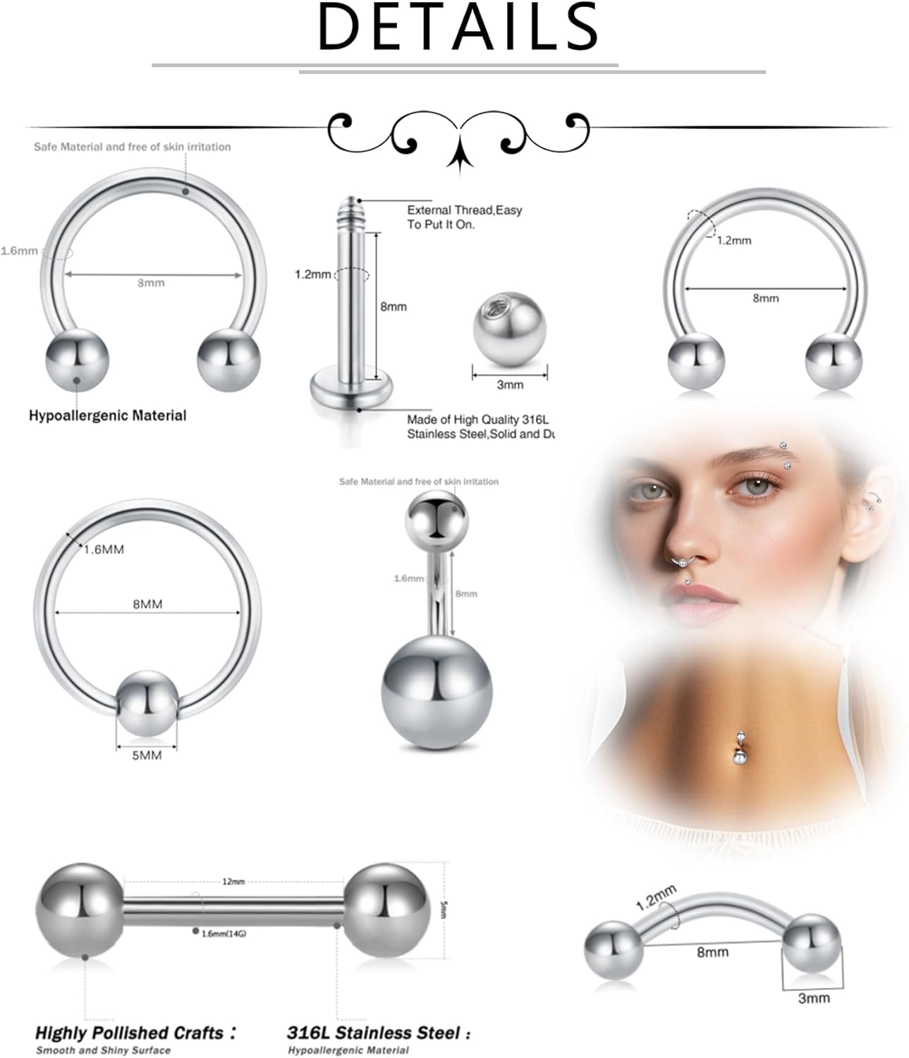 Kit piercing professionnel tous les piercings corps,14G 16G 18G 20G aiguilles acier inoxydable oreille nez septum nombril tétons lèvres sourcils smiley piercing bijoux Piercing-Kit - Style C