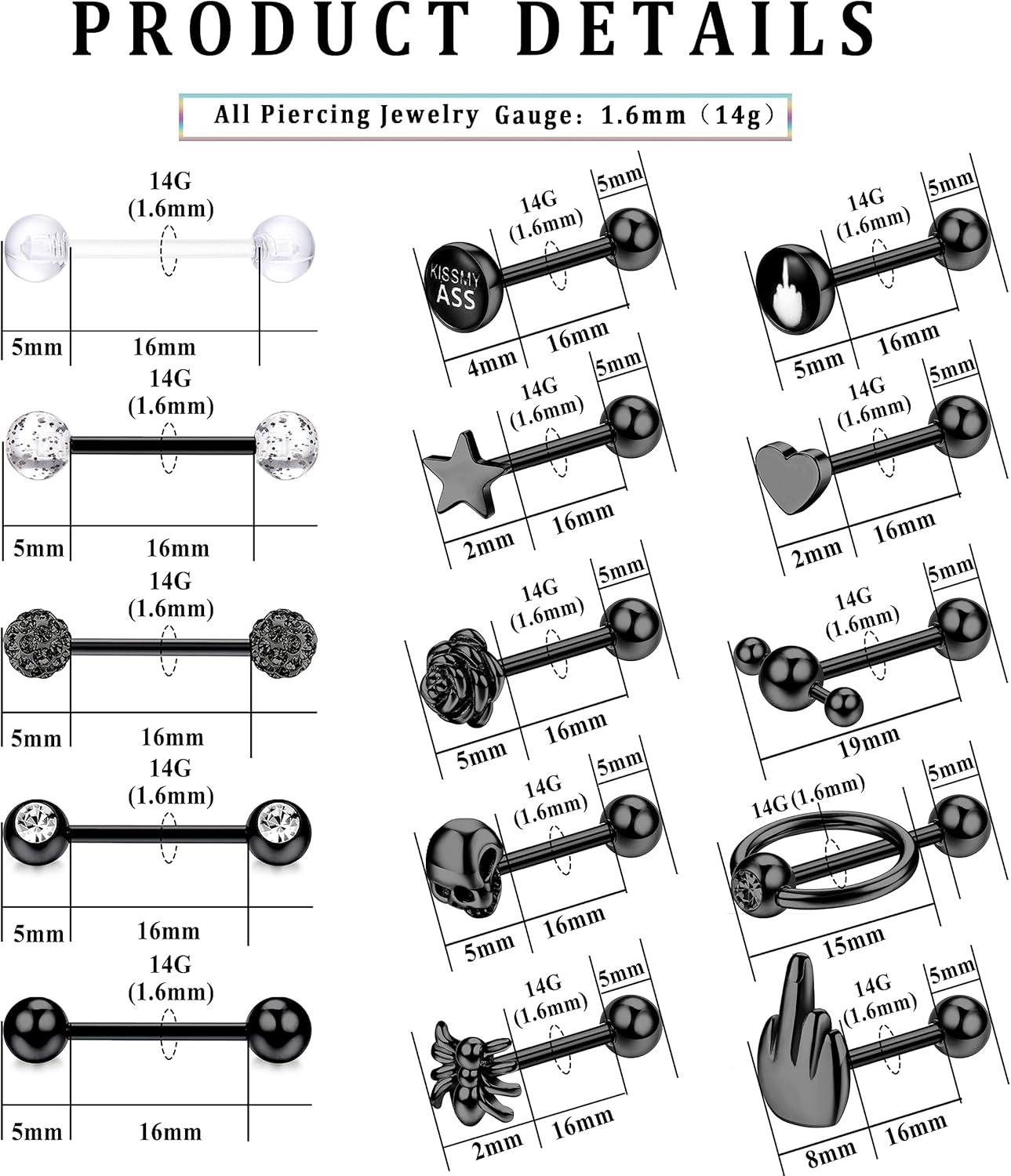 JeweBella 20 Pièces 14G Piercing Langue pour Femme Homme Acier Chirurgical Piercing Téton Percing Langue Argent/Noir Barre Piercing Bijoux 16mm B:noir
